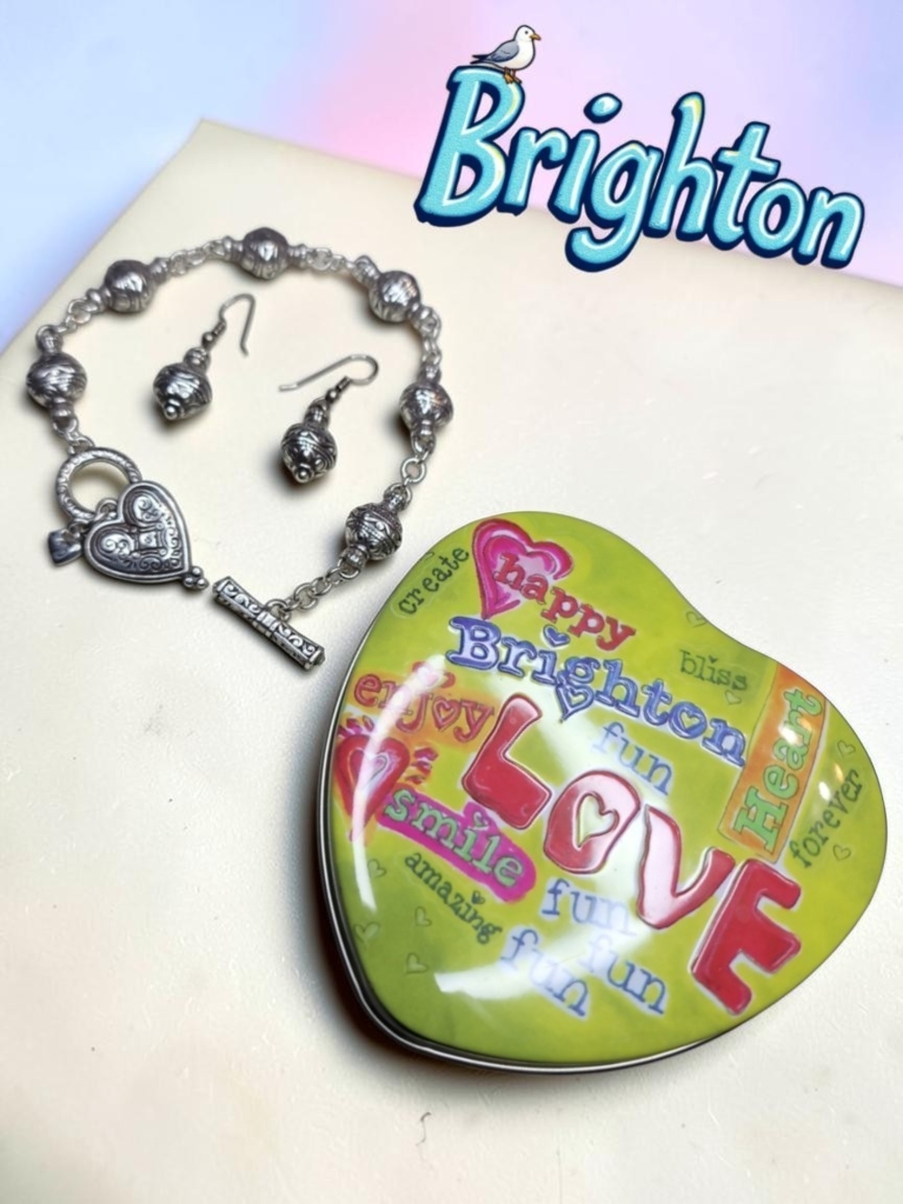 Brighton Silver Heart Toggle Bracelet with Filigree Beads And Earring Set